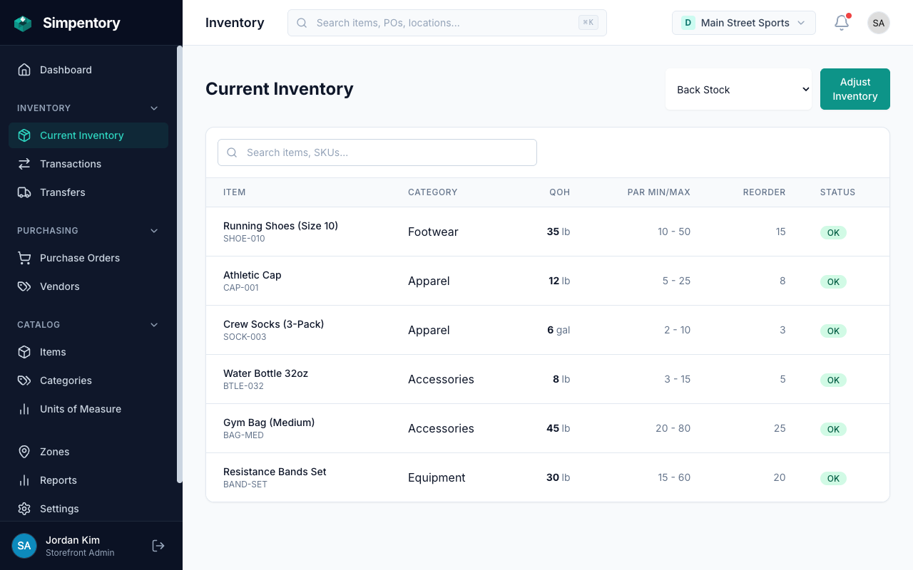 Simpentory inventory screen showing Back Stock items for a retail sports store, with apparel and accessories categories, quantities, PAR levels, and reorder status