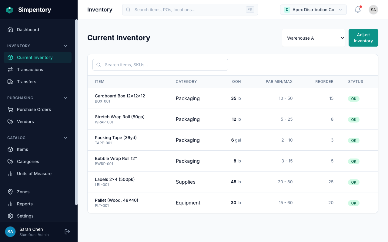 Simpentory inventory screen showing Warehouse A stock for a wholesale distributor, with packaging and supply categories, quantities, PAR levels, and reorder status